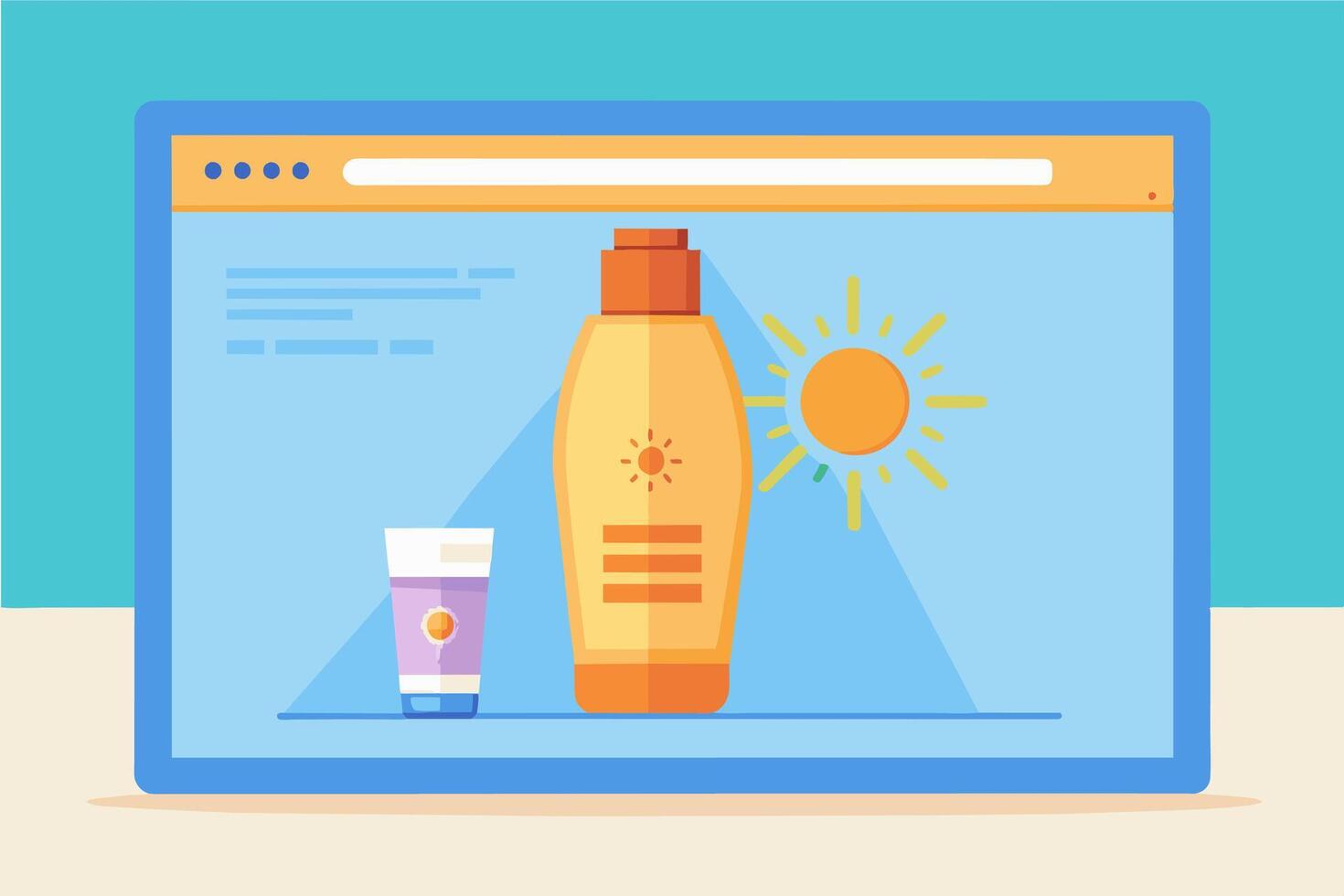 There is a sunscreen bottle and tube placed on the laptop screen vector