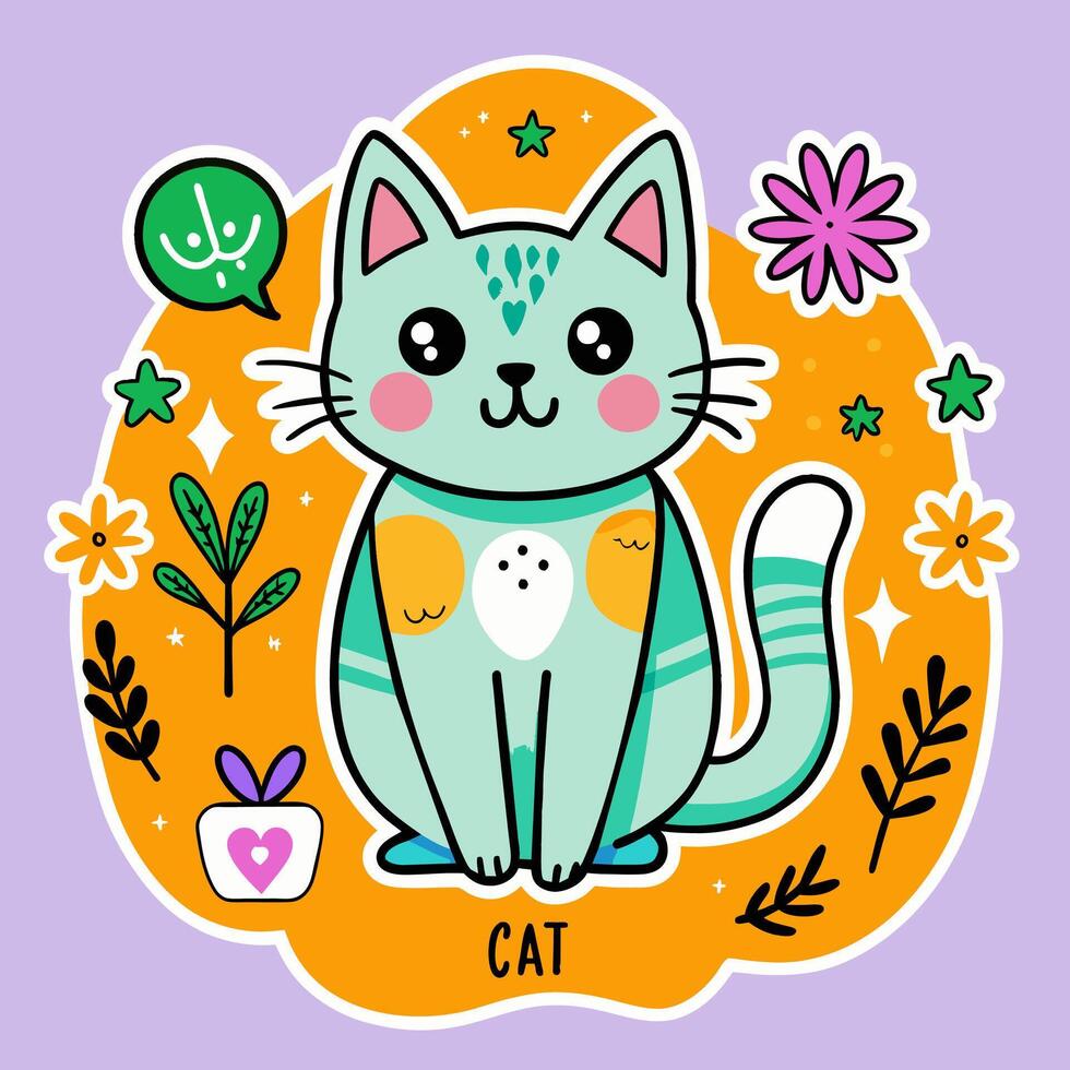 A cat is sitting in a circle surrounded by flowers and leaves vector