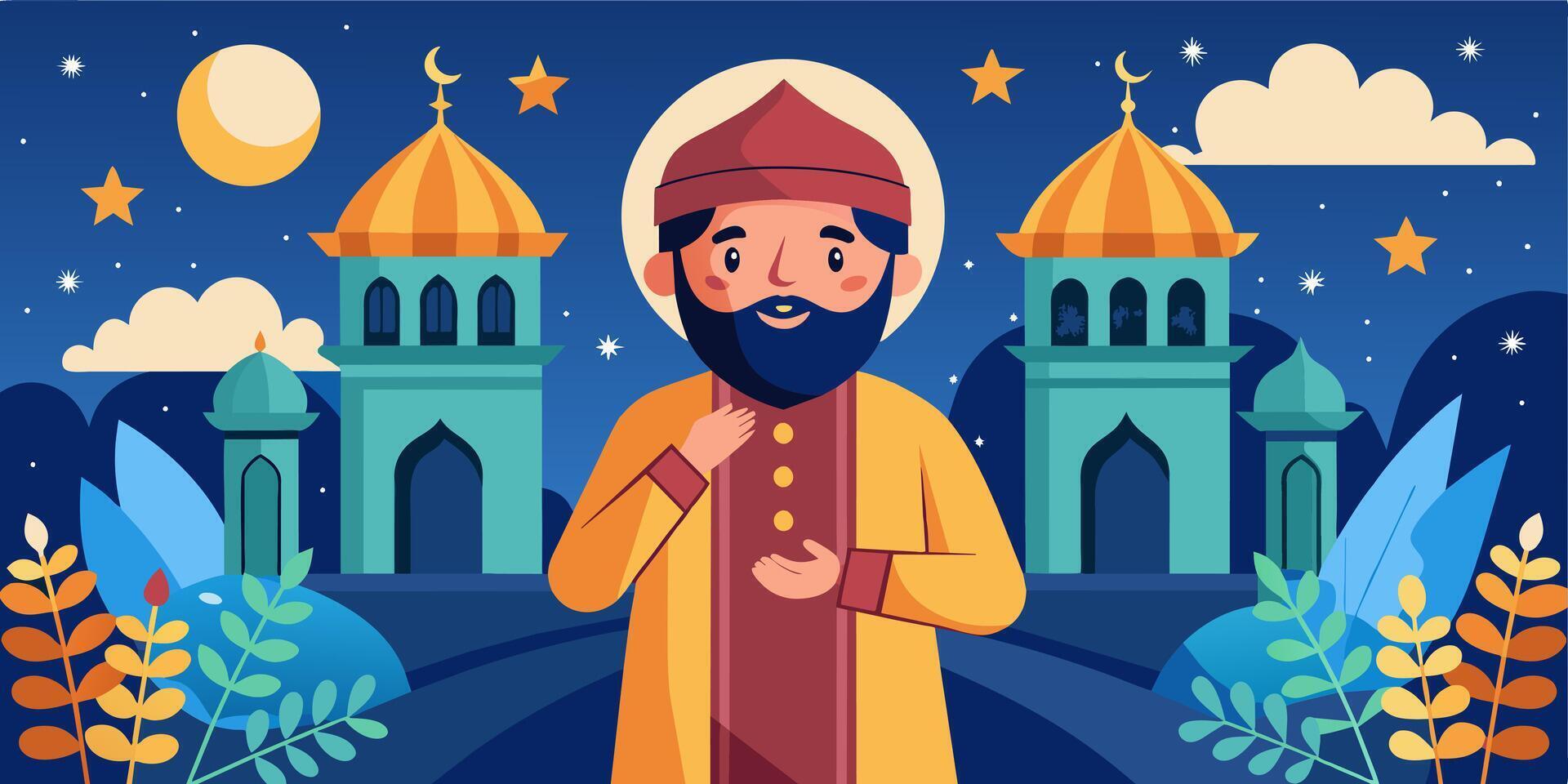 Man in Traditional Islamic Attire at Mosque vector