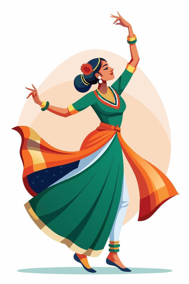Traditional Indian Dancer in Green and Orange Attire vector