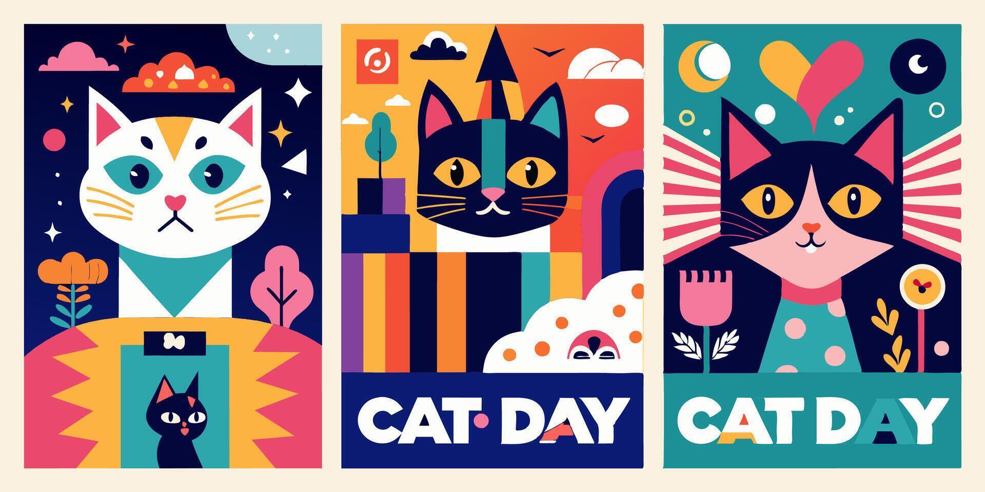 Three posters for cat day with keywords on cat breeds and photography vector