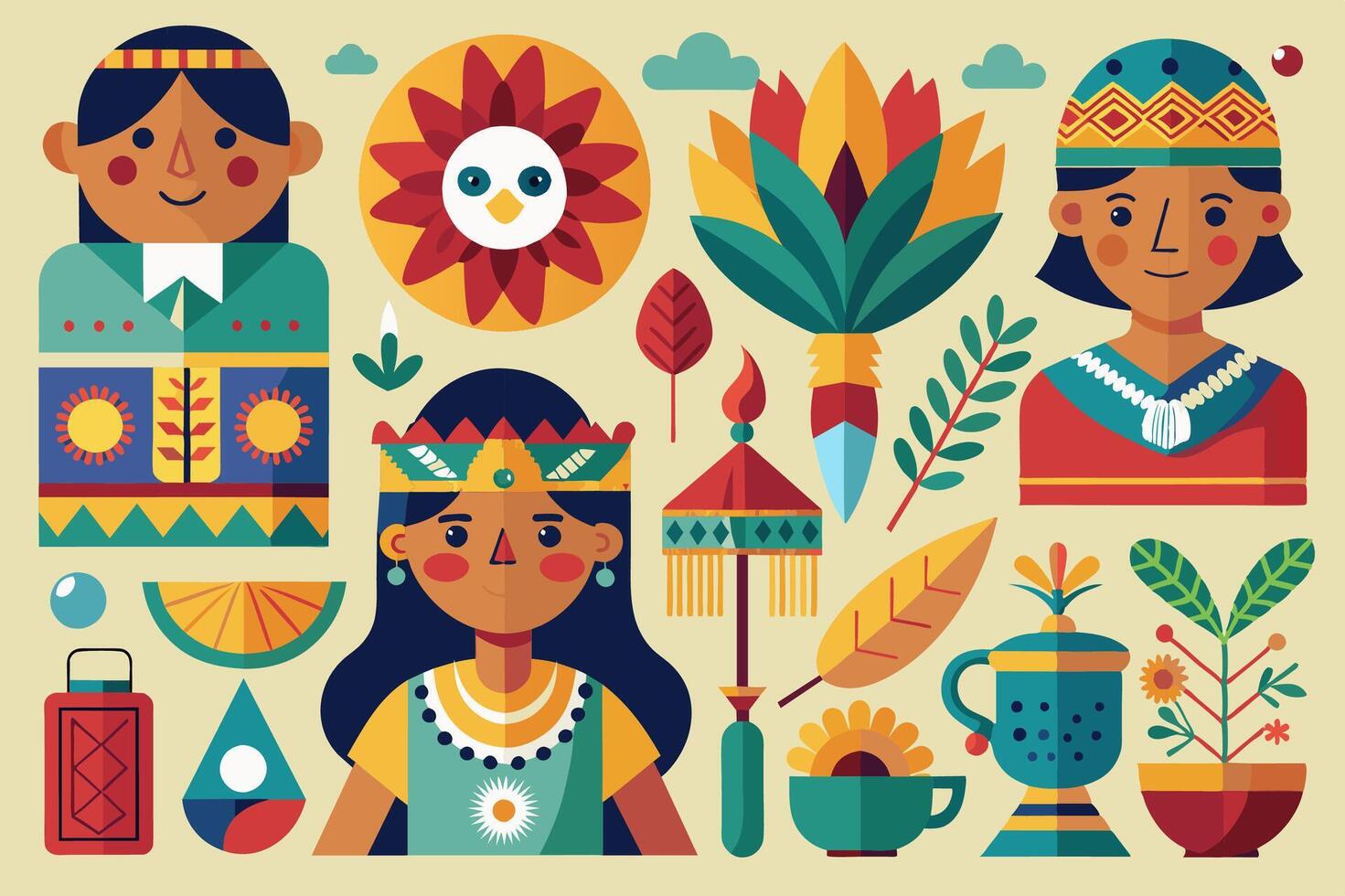 A collection of Native American icons presented in a flat design style vector