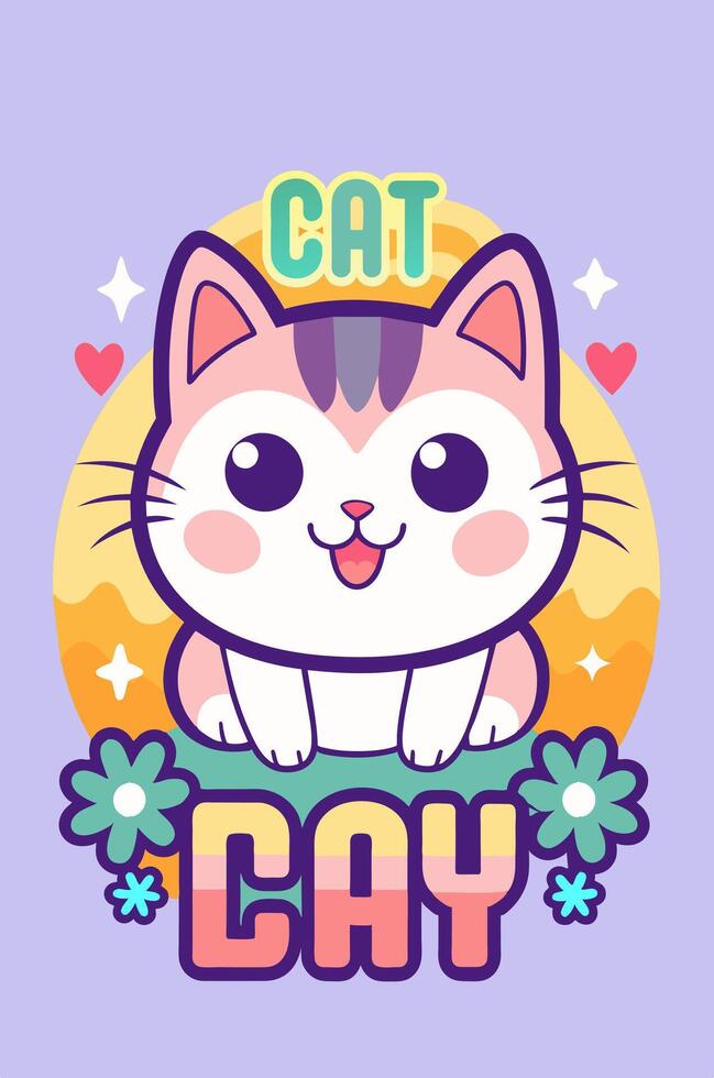 In a frame, there is a cartoon of a cat sitting on a flower vector