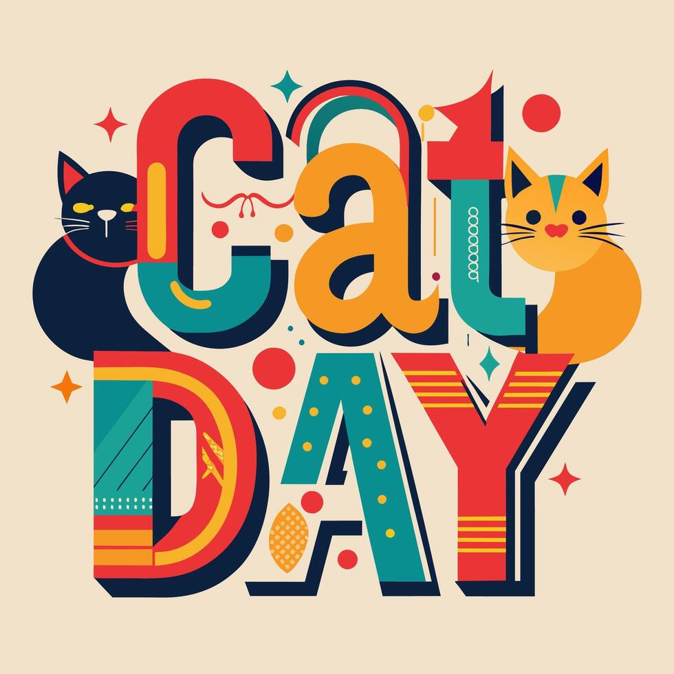 A bright poster showcasing a cat to celebrate Cat Day vector