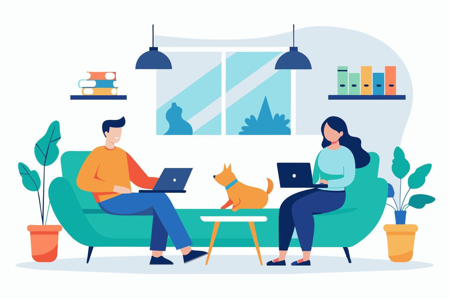 Modern home office with two people and a dog vector