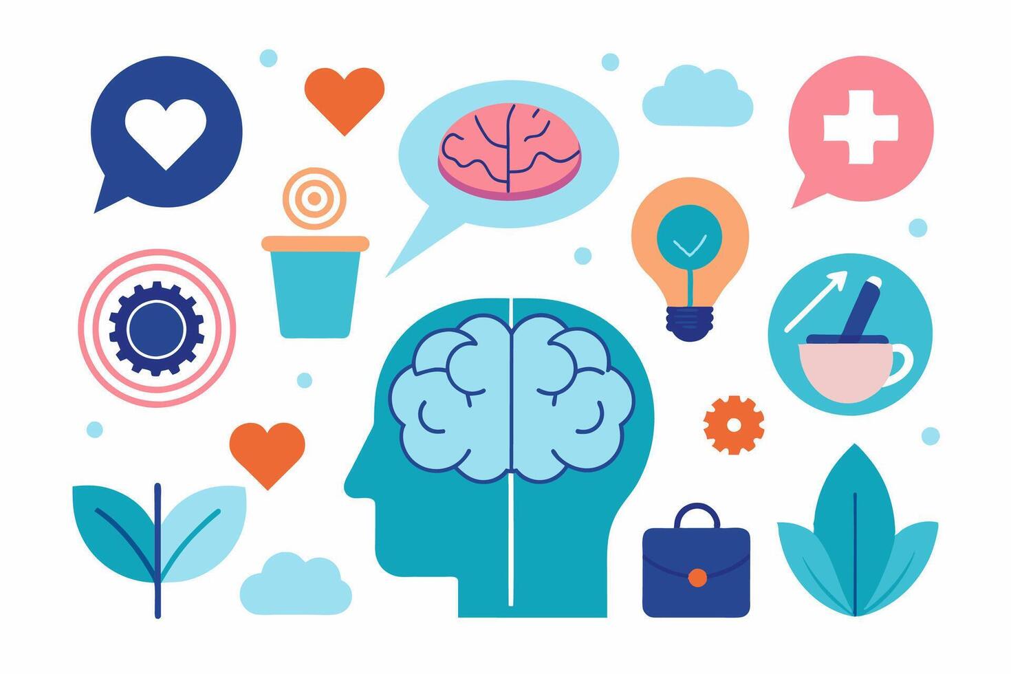 A depiction of a head with a brain and several icons surrounding it vector