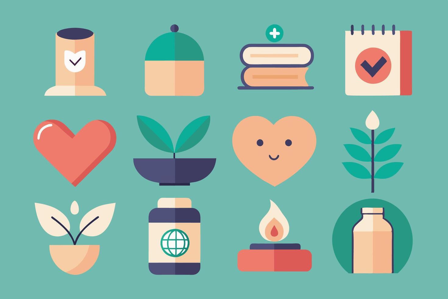 Health and wellness icons in a flat style on green background vector