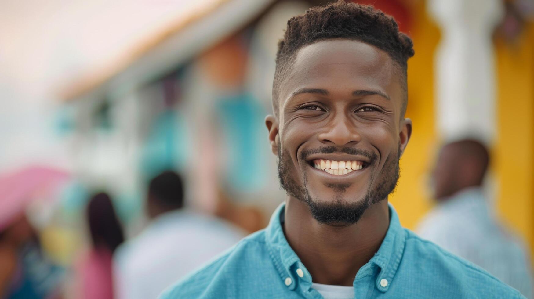 Young Man Smiling Against a Blue Wooden Wall in Daylight photo