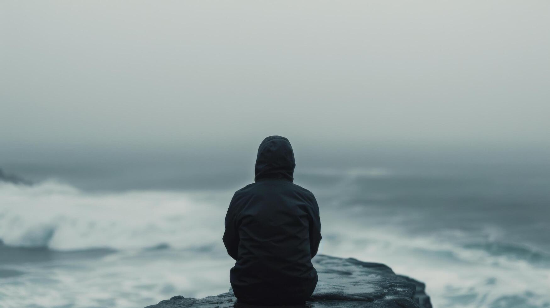 Person Meditating on a Rock Overlooking a Foggy Ocean at Dusk photo