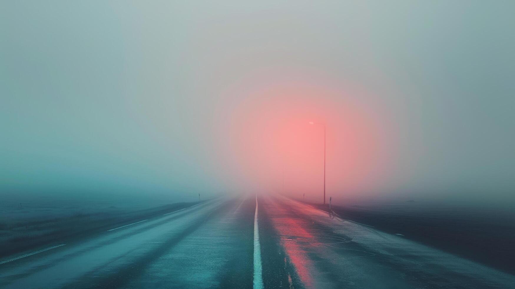 Mysterious Foggy Road With Distant Lights at Dawn in a Winter Landscape photo