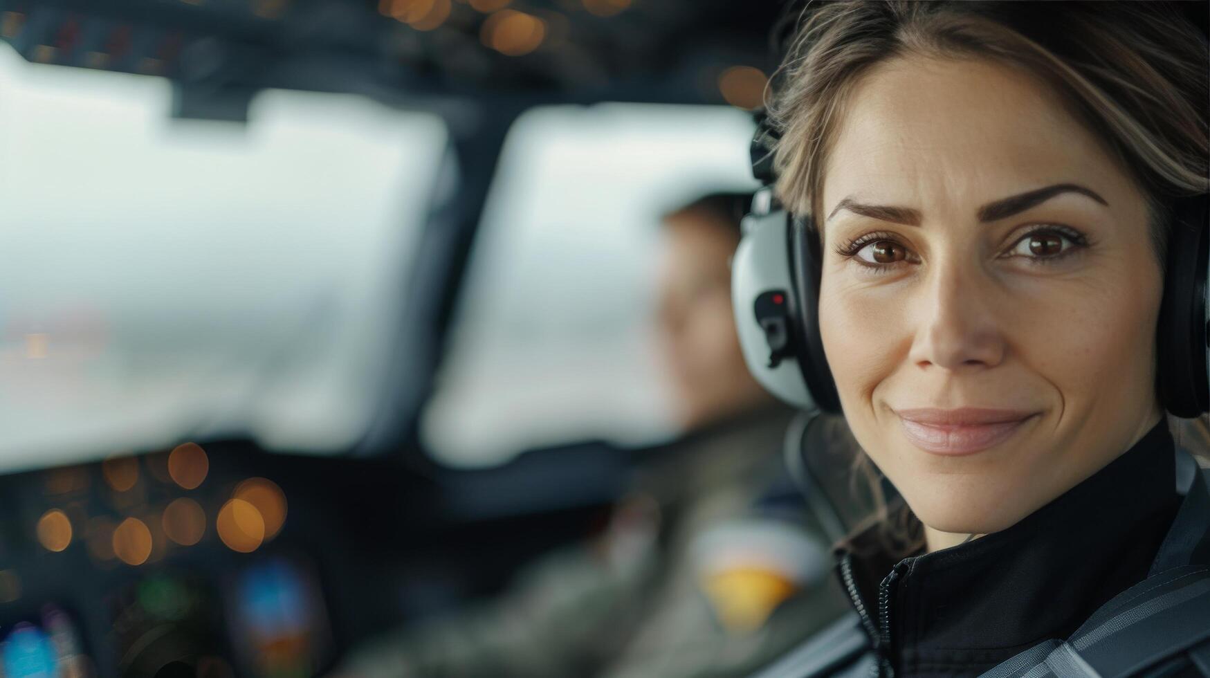 Female Pilot Smiling in Cockpit During Flight Preparation at Sunrise photo