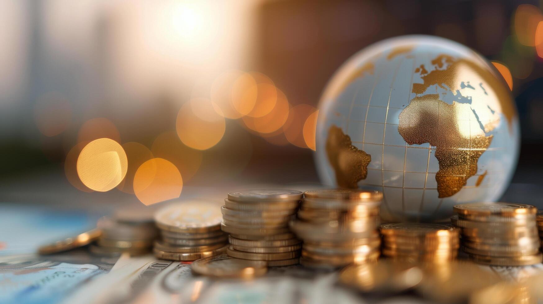 Golden Globe on Stacked Coins With City Skyline in Background at Sunset photo