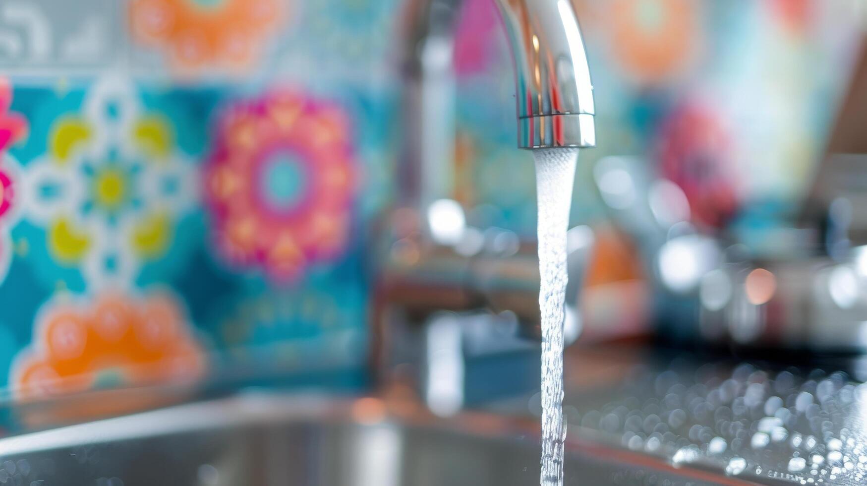 Water Flowing From Kitchen Faucet Over Colorful Tile Backsplash in Brightly Decorated Kitchen photo