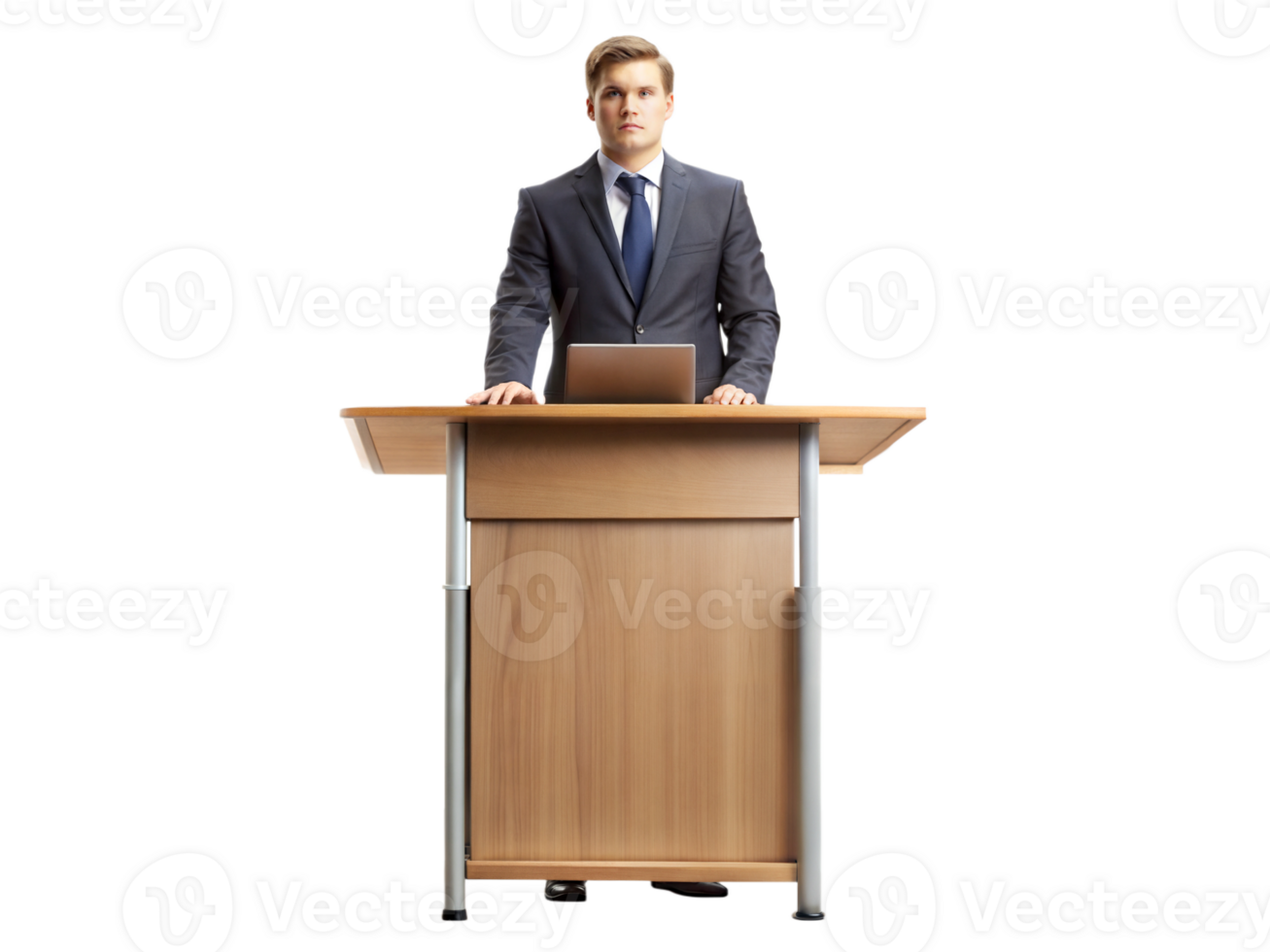 male speaker in suit at wooden podium transparent png