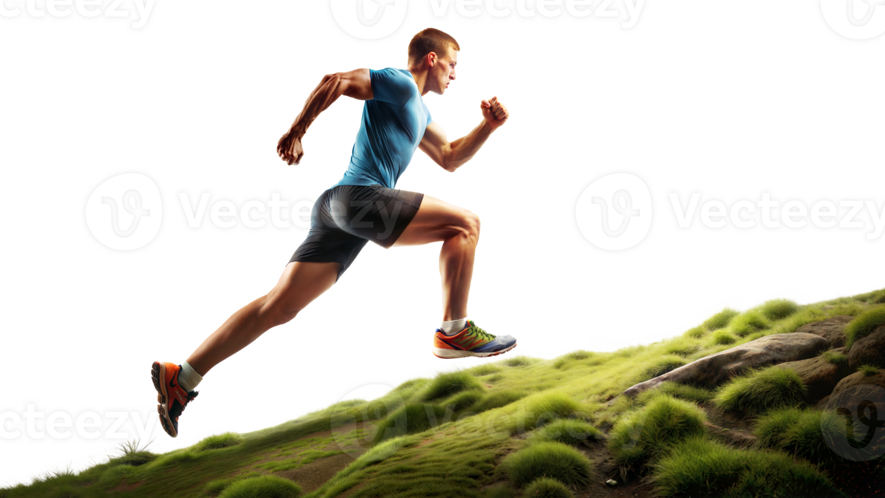 runner sprinting uphill on grassy terrain transparent png