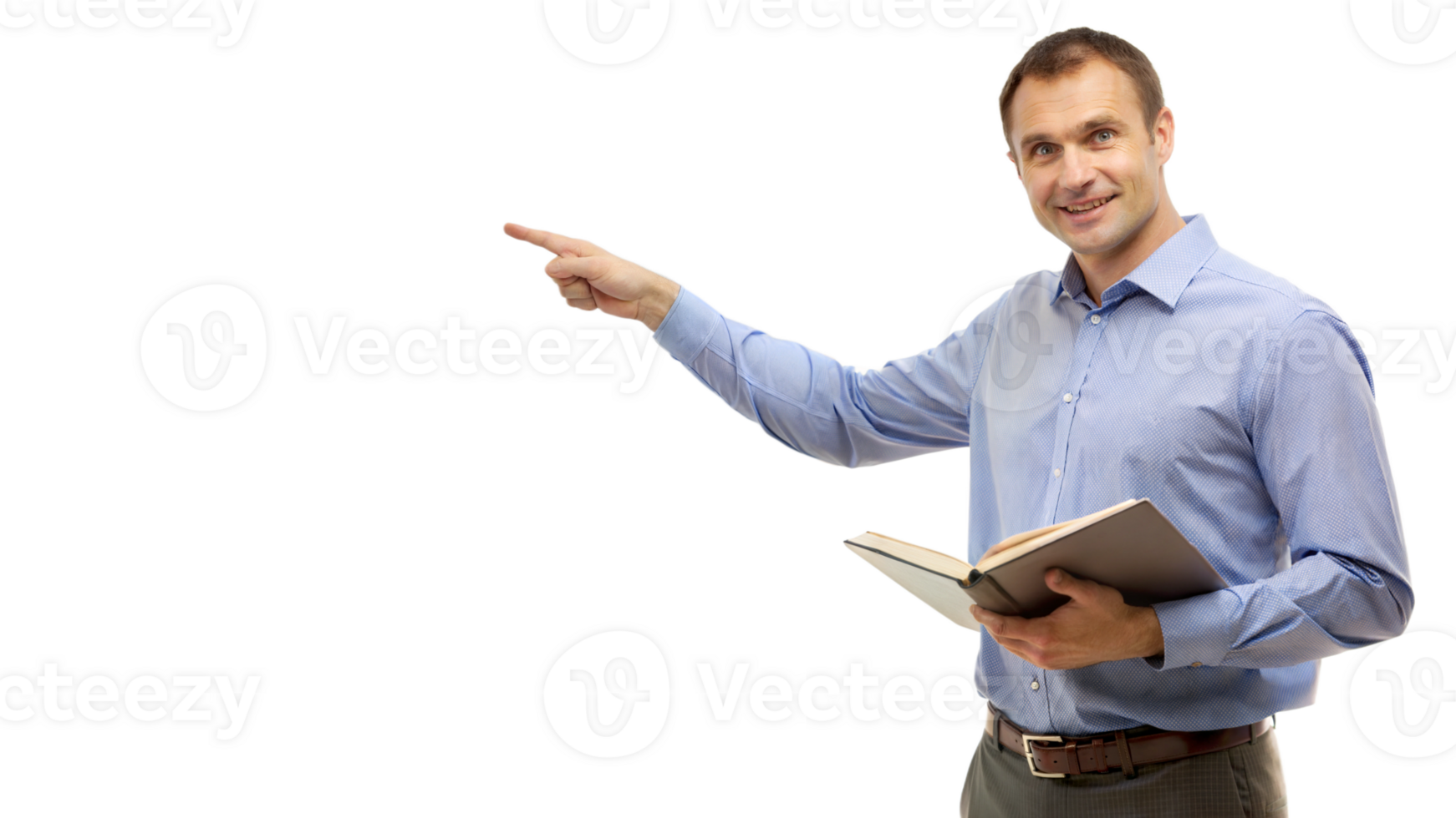man pointing forward holding book transparent png