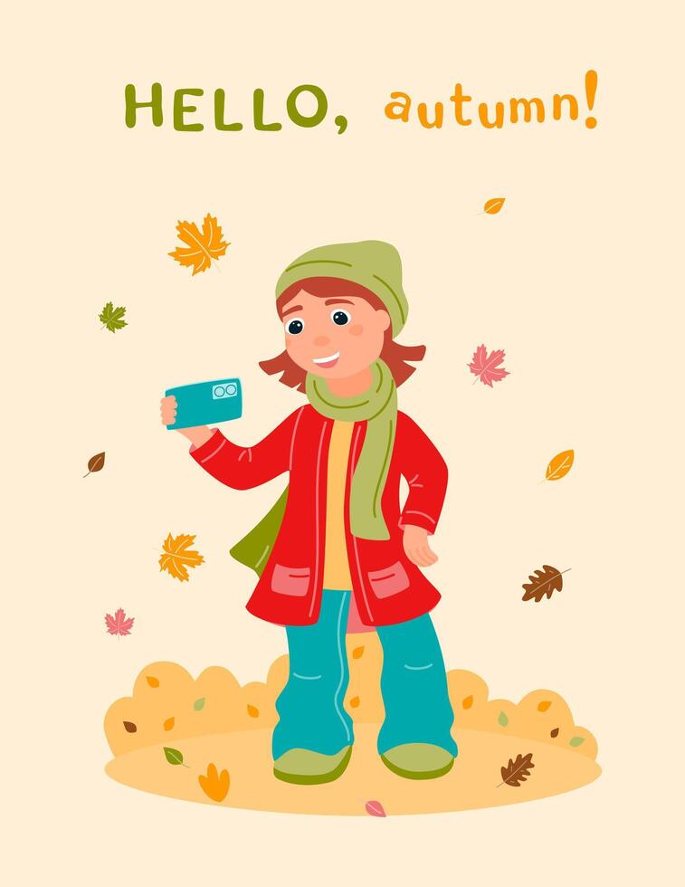 A4 poster with the inscription Hello, autumn. A happy girl with a phone in her hands takes a selfie. vector
