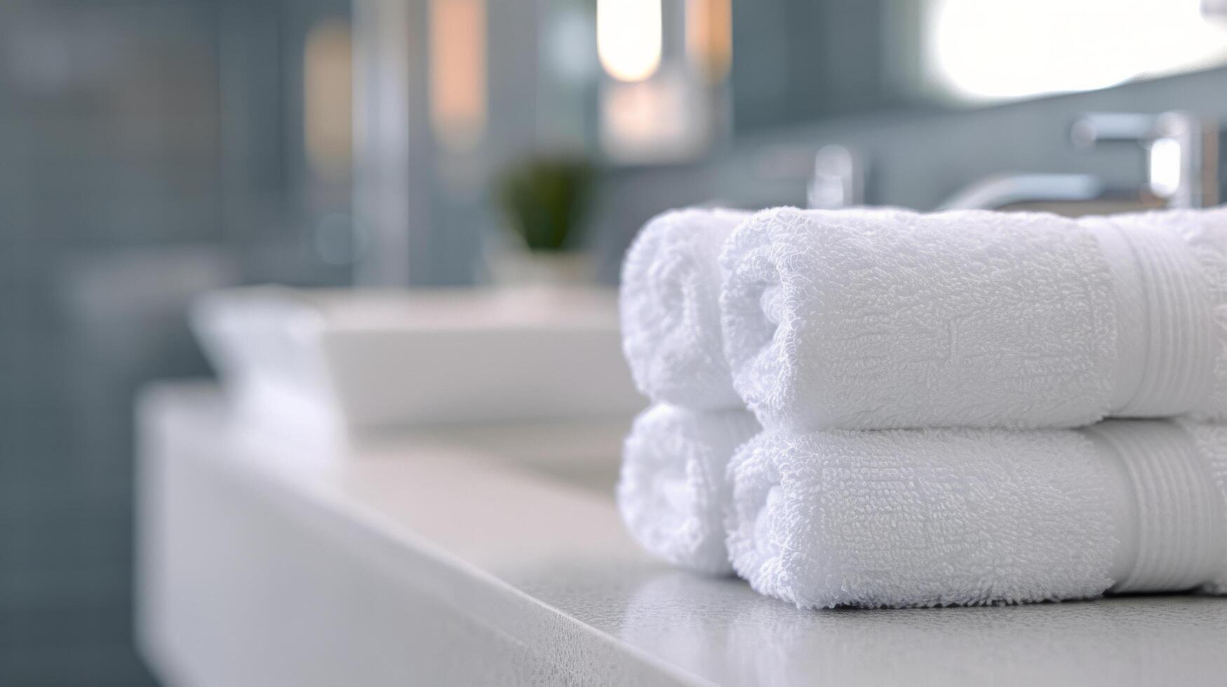 Neatly Rolled White Towels on a Bathroom Counter in a Modern Interior Setting photo