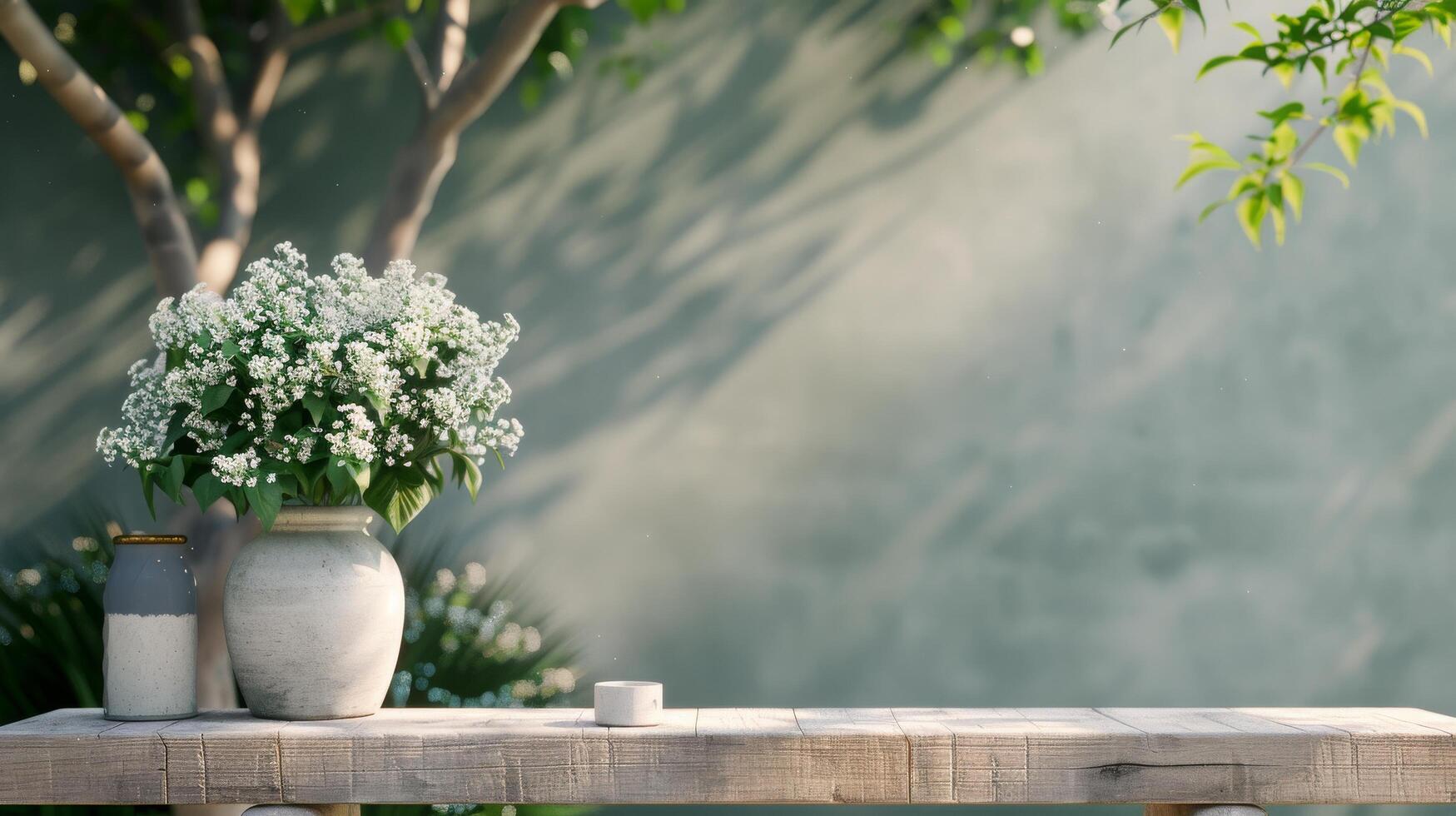 White Wooden Bench Surrounded by Flowering Plants and Green Wall in Spring Garden photo