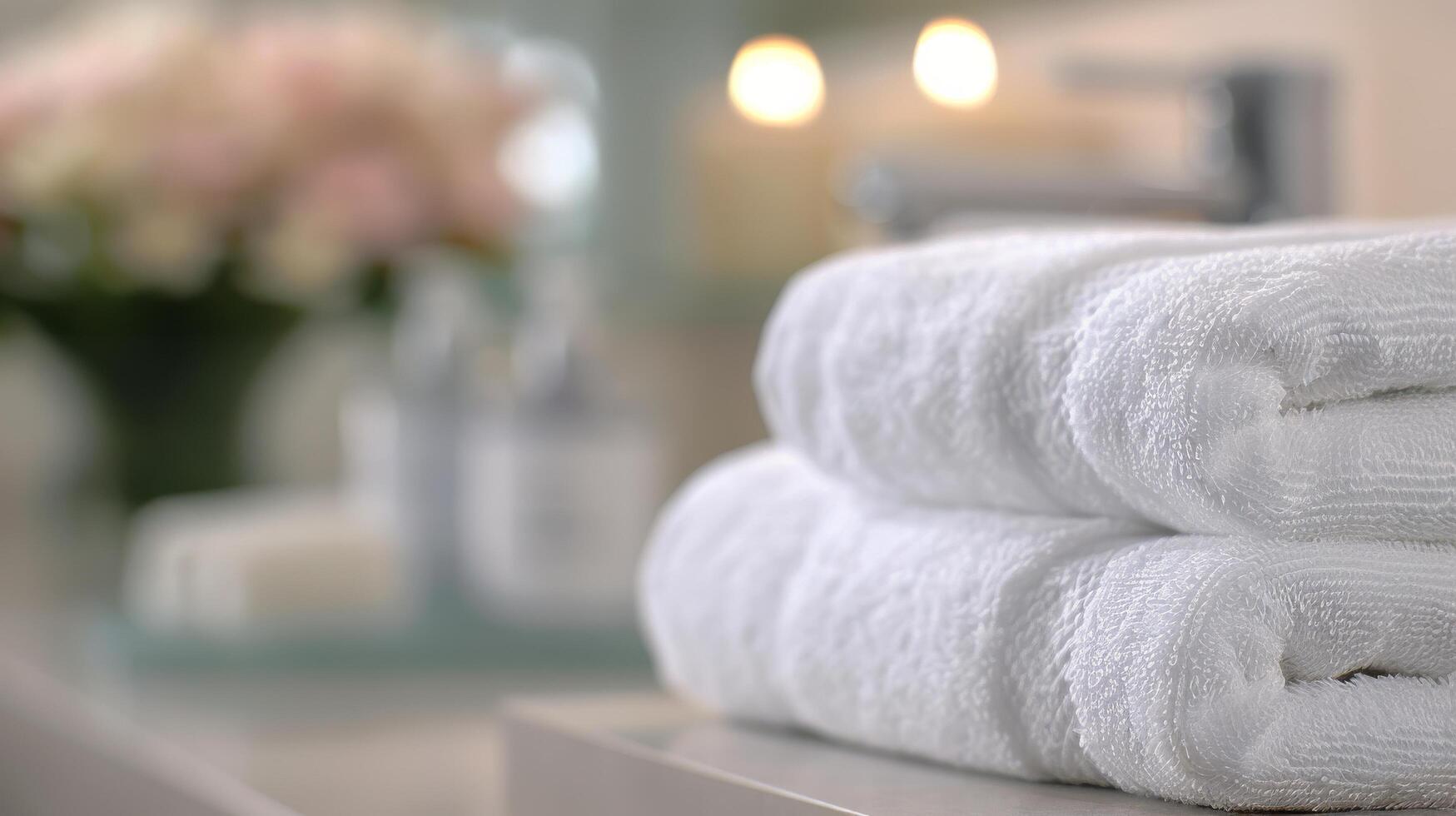 Neatly Rolled White Towels on a Bathroom Counter in a Modern Interior Setting photo