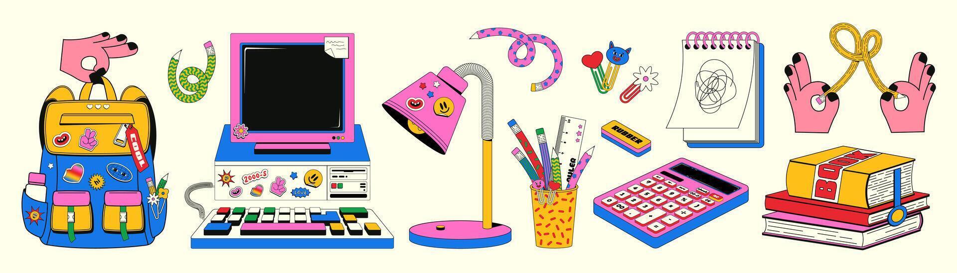 Trendy, bright set of back to school themed elements in a retro linear style with y2k aesthetics. Illustration of school backpack, desktop computer, books, notepad and various office supplies. vector