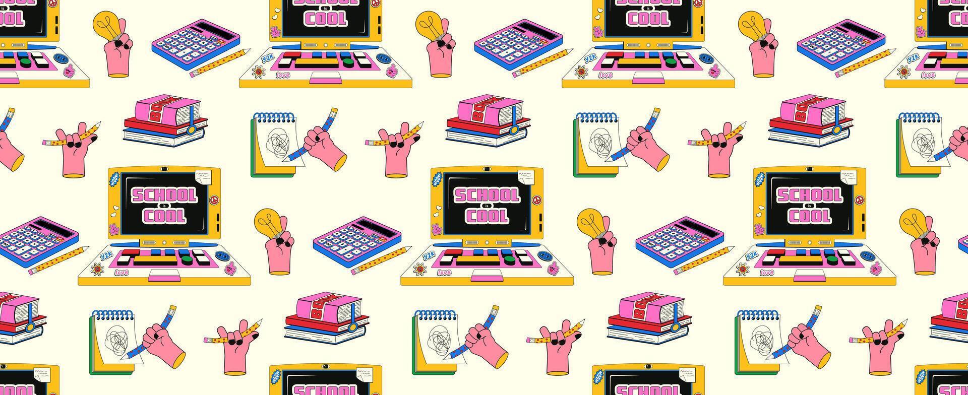 Seamless pattern with school supplies in retro flat style. Funny hand drawn school vintage laptop, calculator, stack of books, bold hand with a light bulb. Back to school, education concept. vector