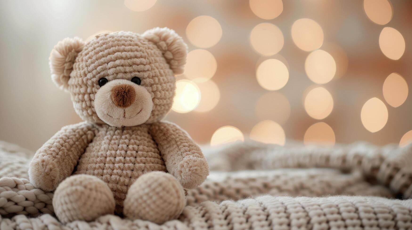 Cozy Teddy Bear on Bed Surrounded by Soft Lighting and Blurred Ornaments photo