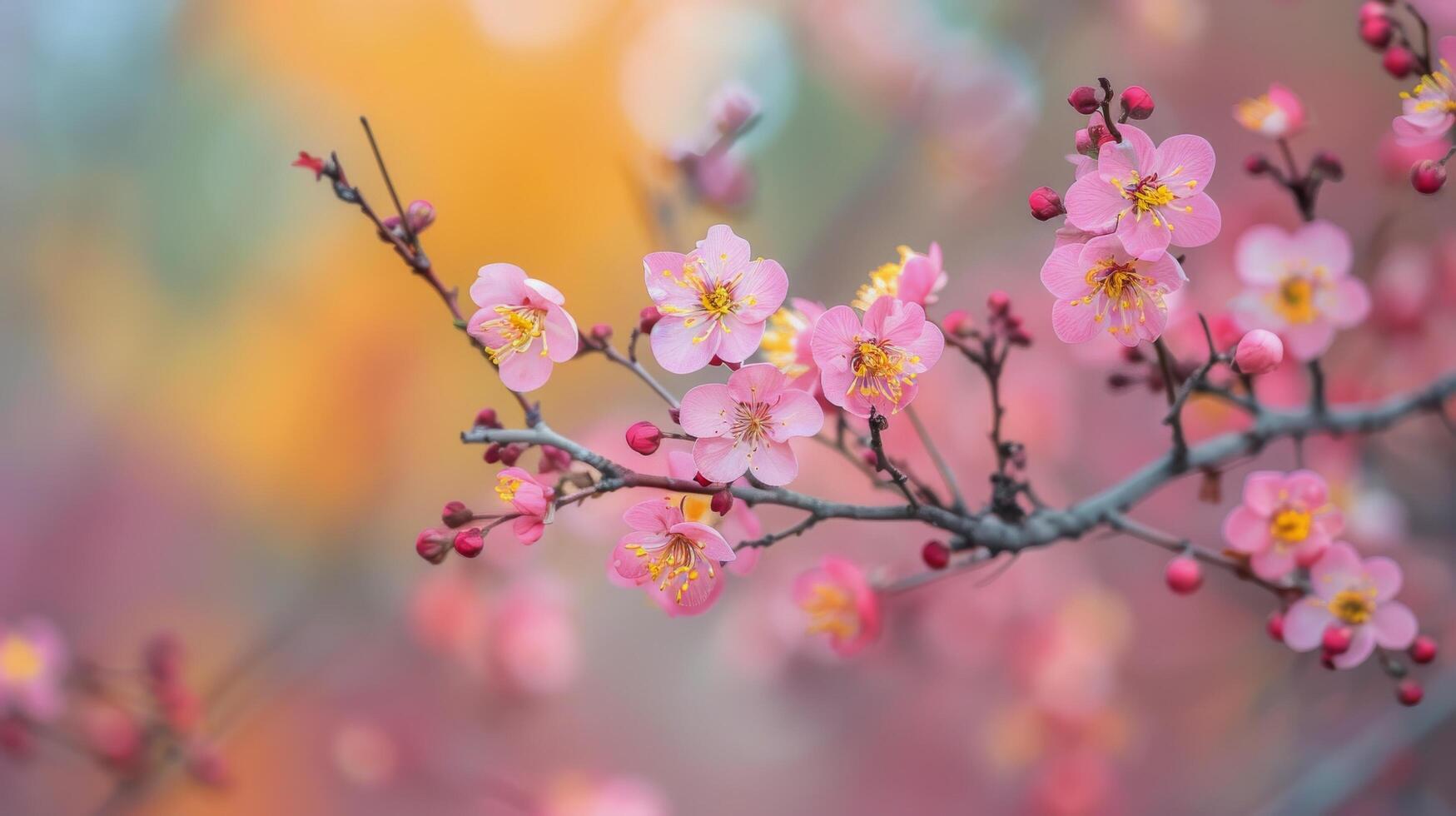 Cherry Blossoms Blooming in Springtime Against a Soft Colorful Background photo