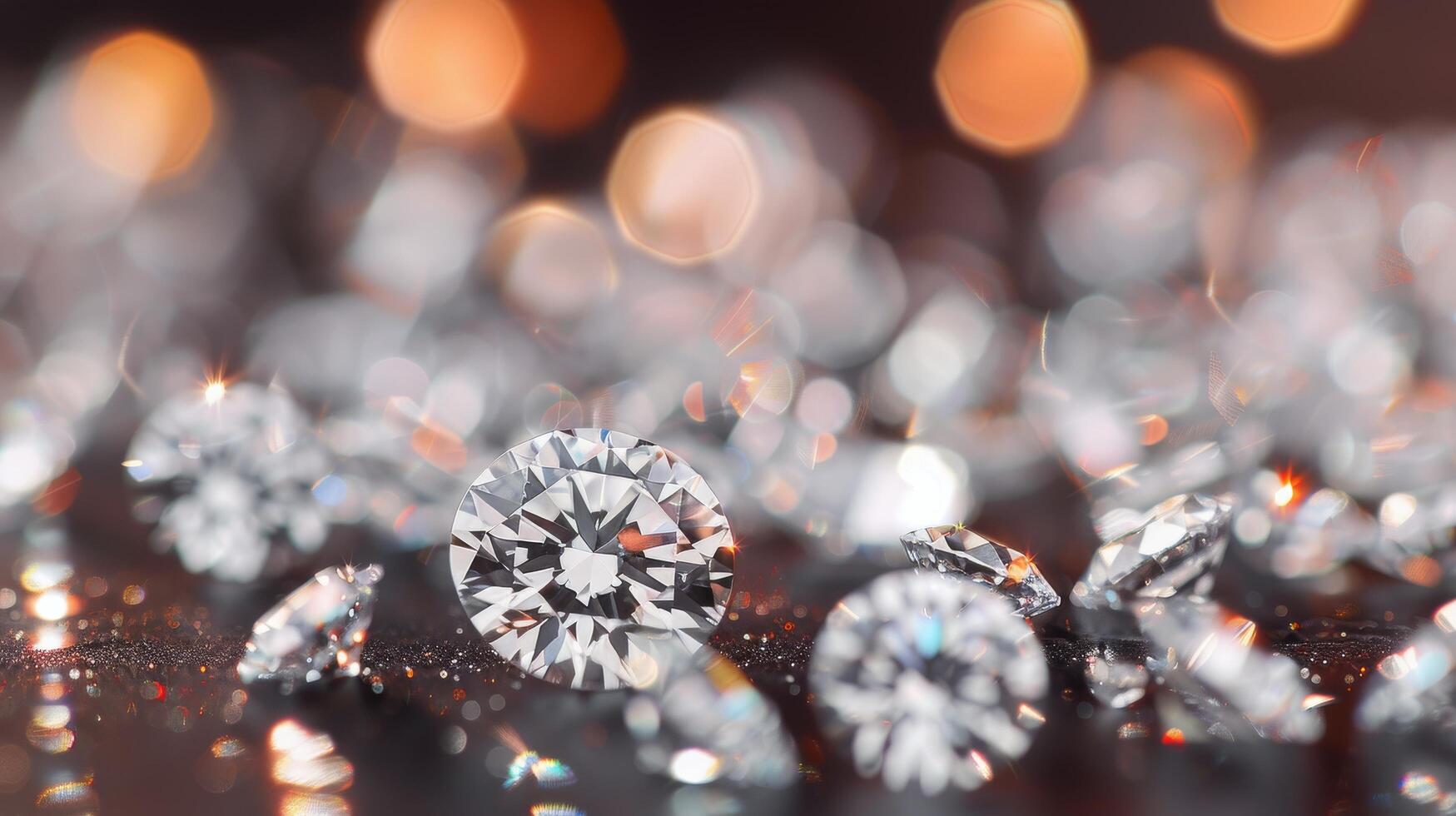 Sparkling Round Diamonds on a Wooden Surface With Twinkling Lights in the Background photo
