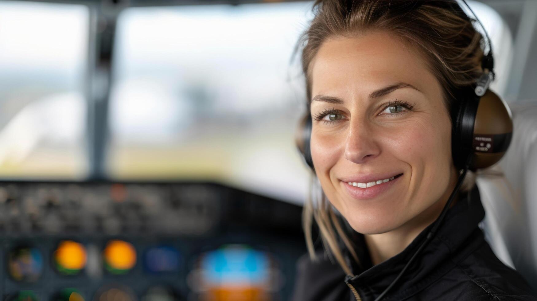 Female Pilot Smiling in Cockpit During Flight Preparation at Sunrise photo