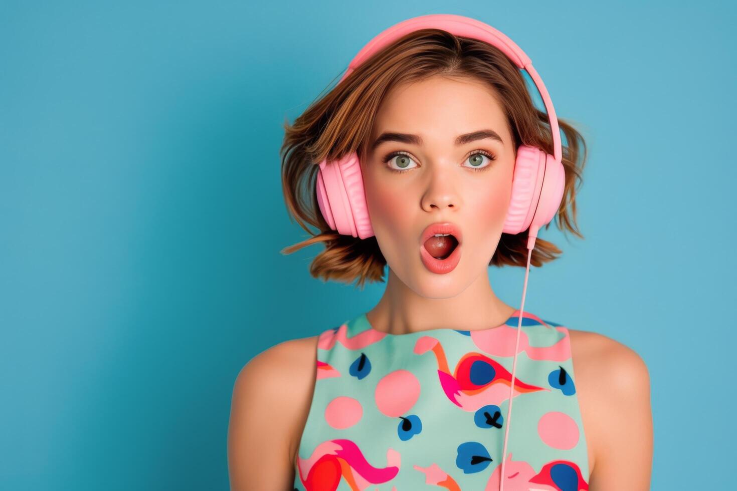 Happy Child With Headphones Enjoying Music Against a Colorful Background photo