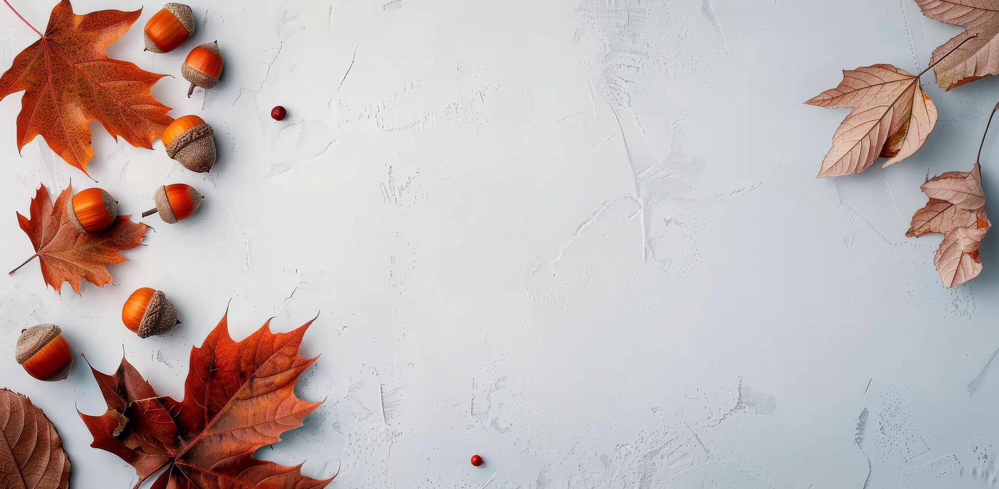 Colorful Autumn Leaves and Acorns on White Background in Natural Arrangement photo