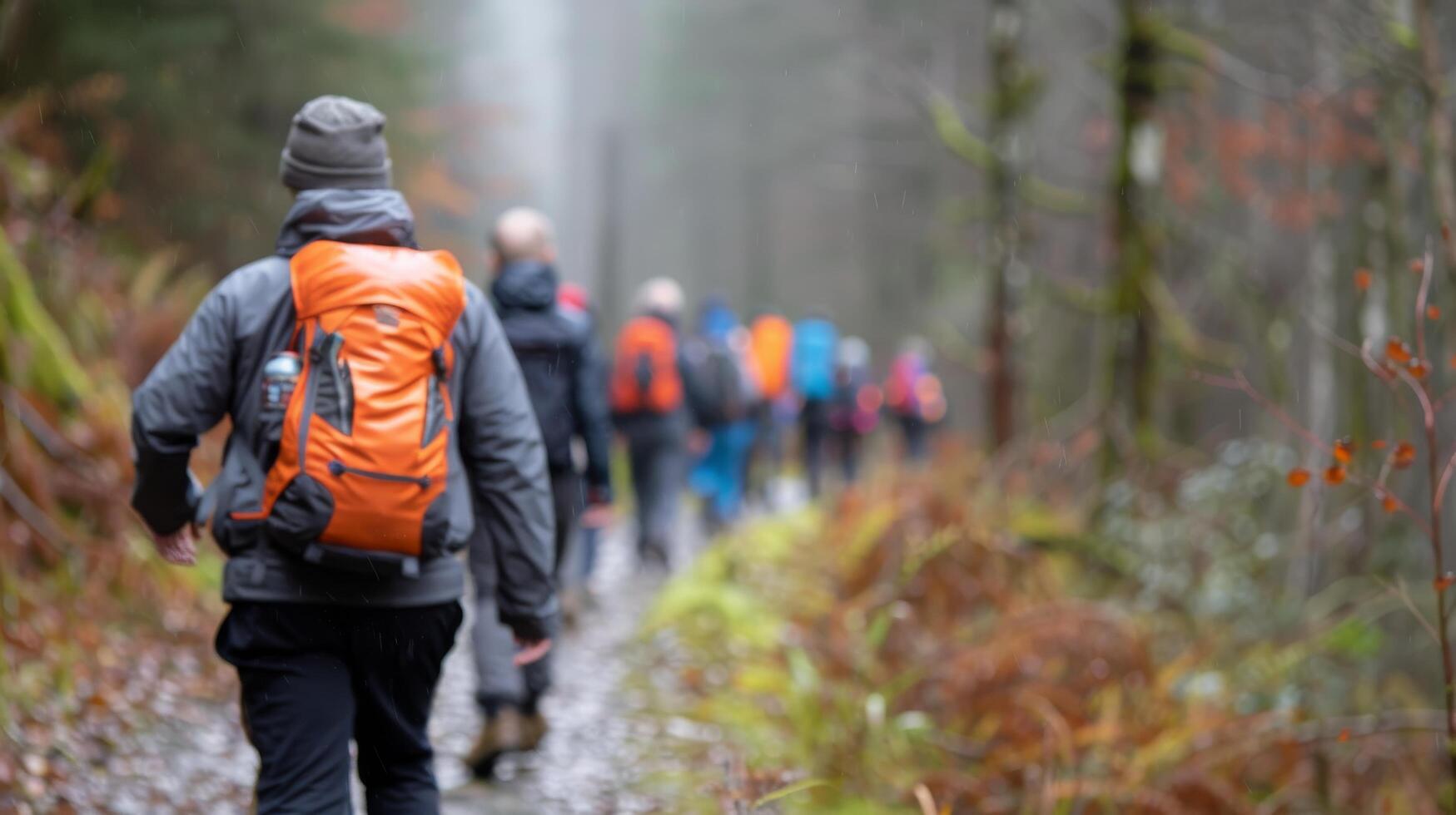 Hiking Trail Through Lush Forest in Morning Fog With Adventurers photo