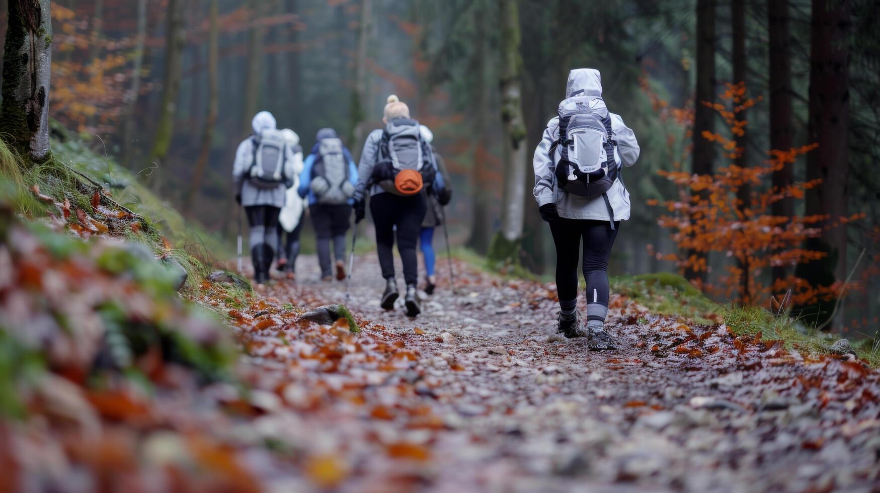 Hiking Trail Through Lush Forest in Morning Fog With Adventurers photo