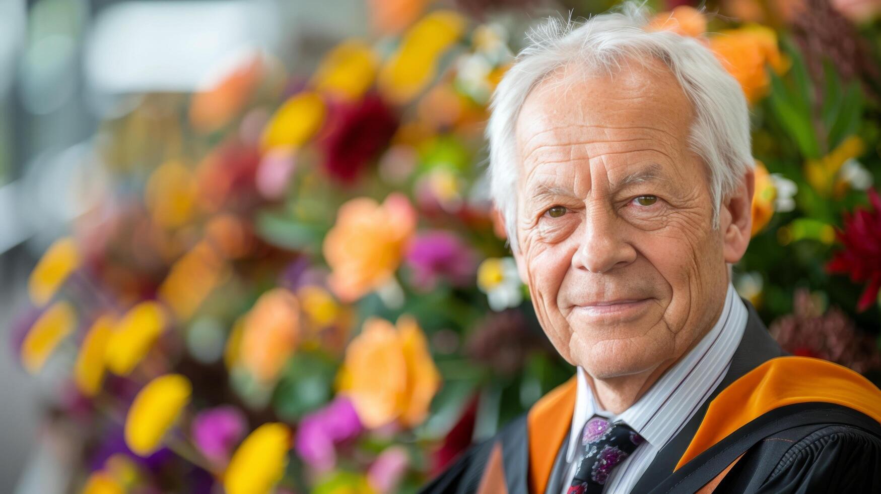 Elderly Judge Smiling Amidst Colorful Flowers in a Garden photo