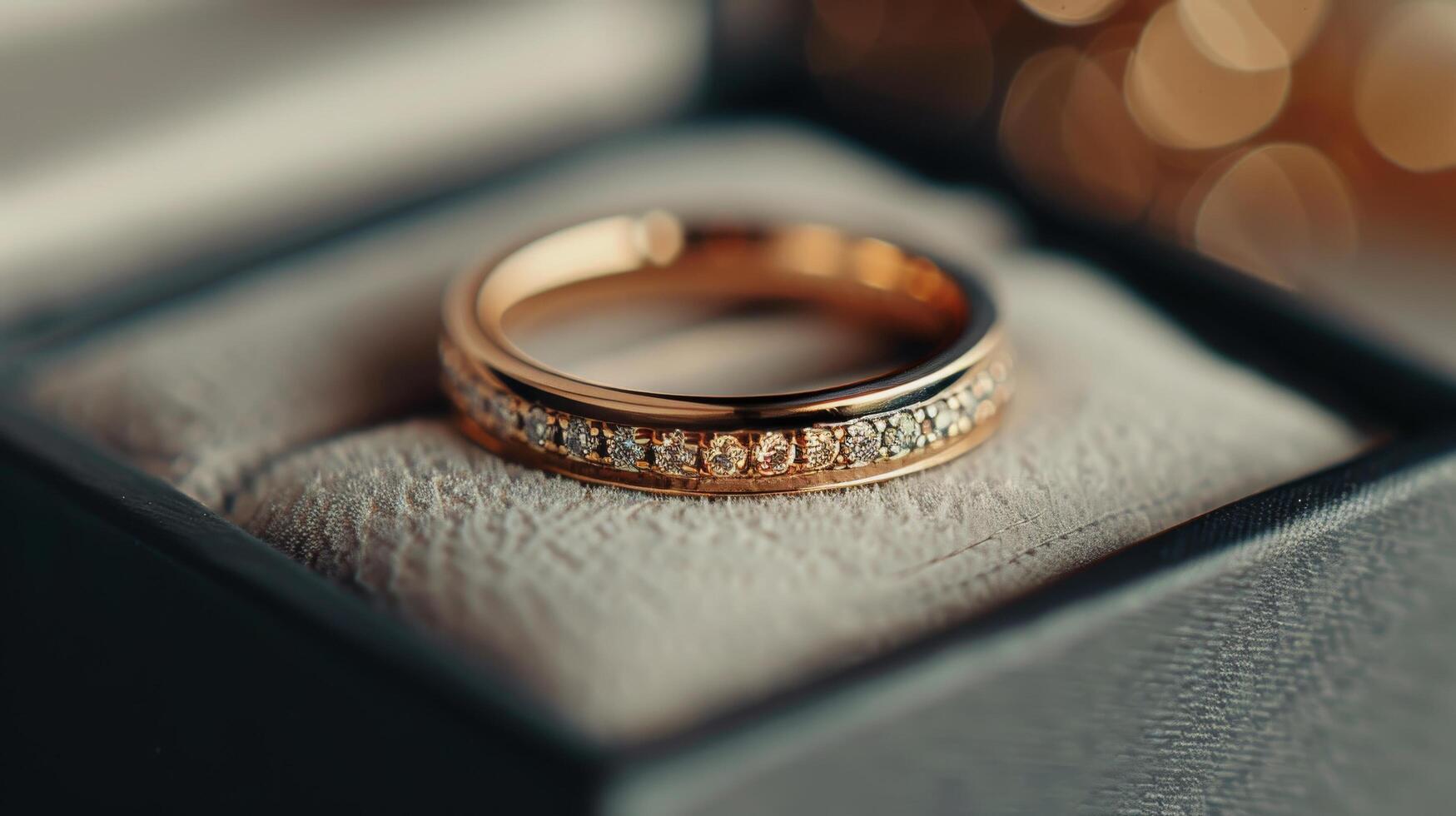 Elegant Diamond Engagement Ring on Plush Display Box With Soft Background Lights photo