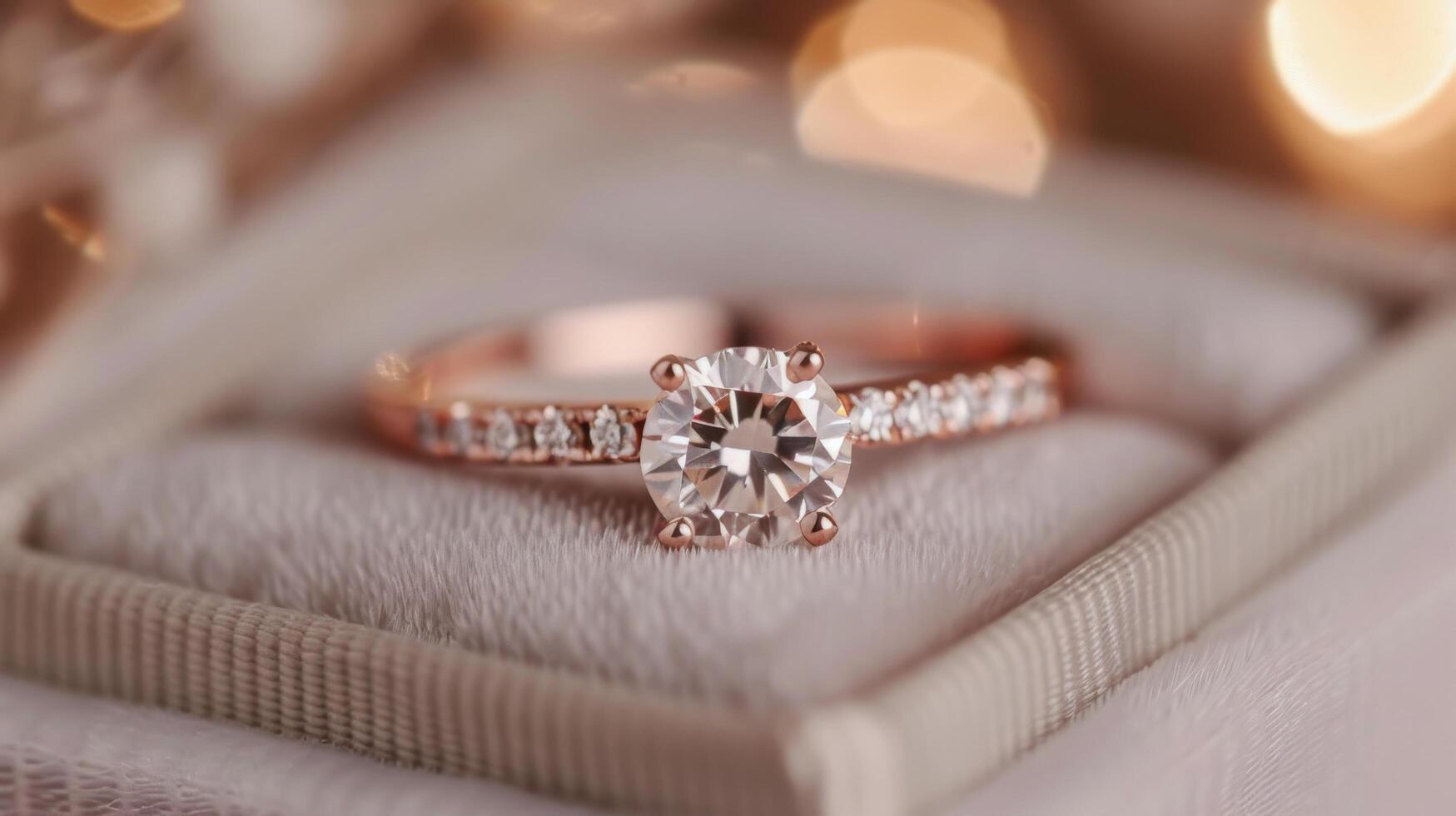 Elegant Diamond Engagement Ring on Plush Display Box With Soft Background Lights photo