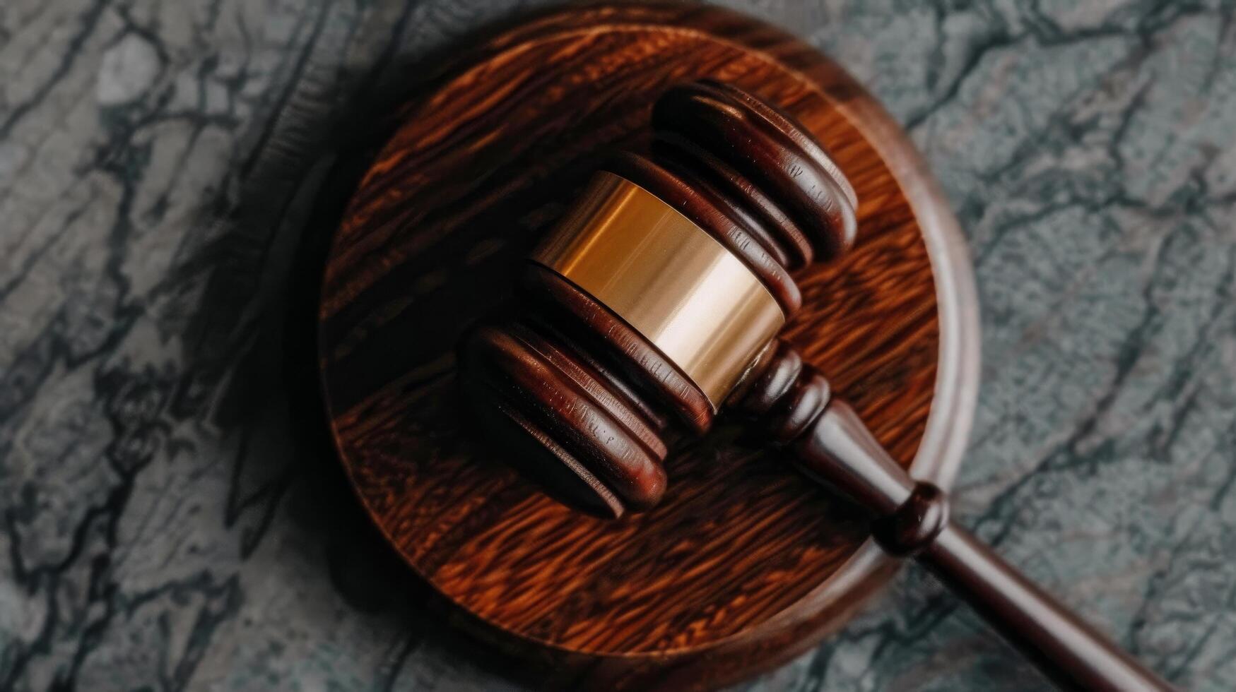 Judges Gavel Strikes Down Decision in Courtroom Setting photo