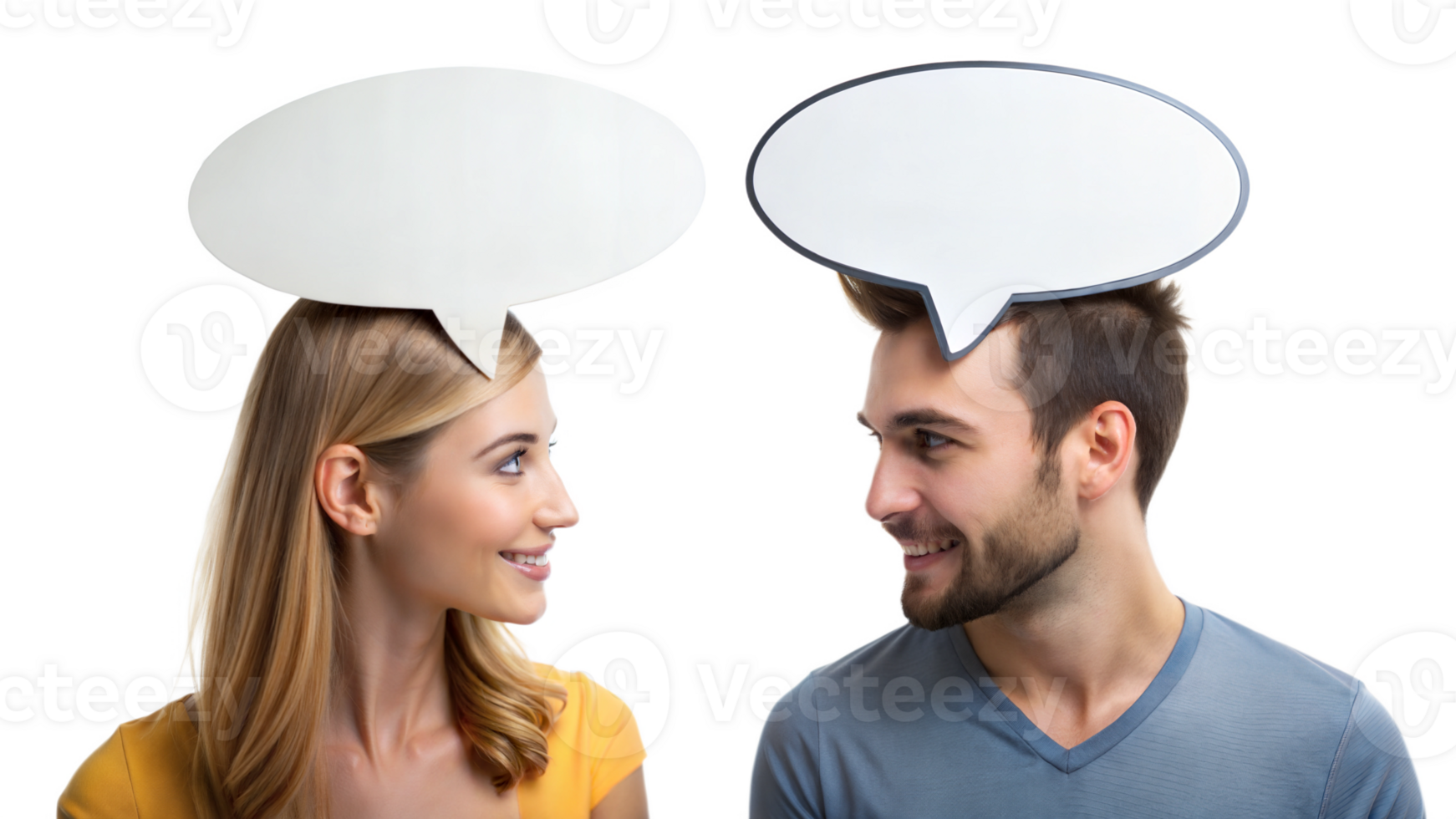 man and woman with speech bubbles on heads transparent png
