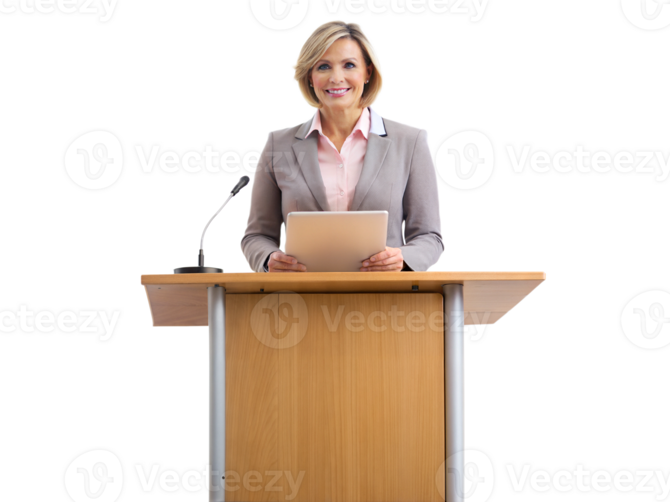 businesswoman at podium with microphone and tablet transparent png