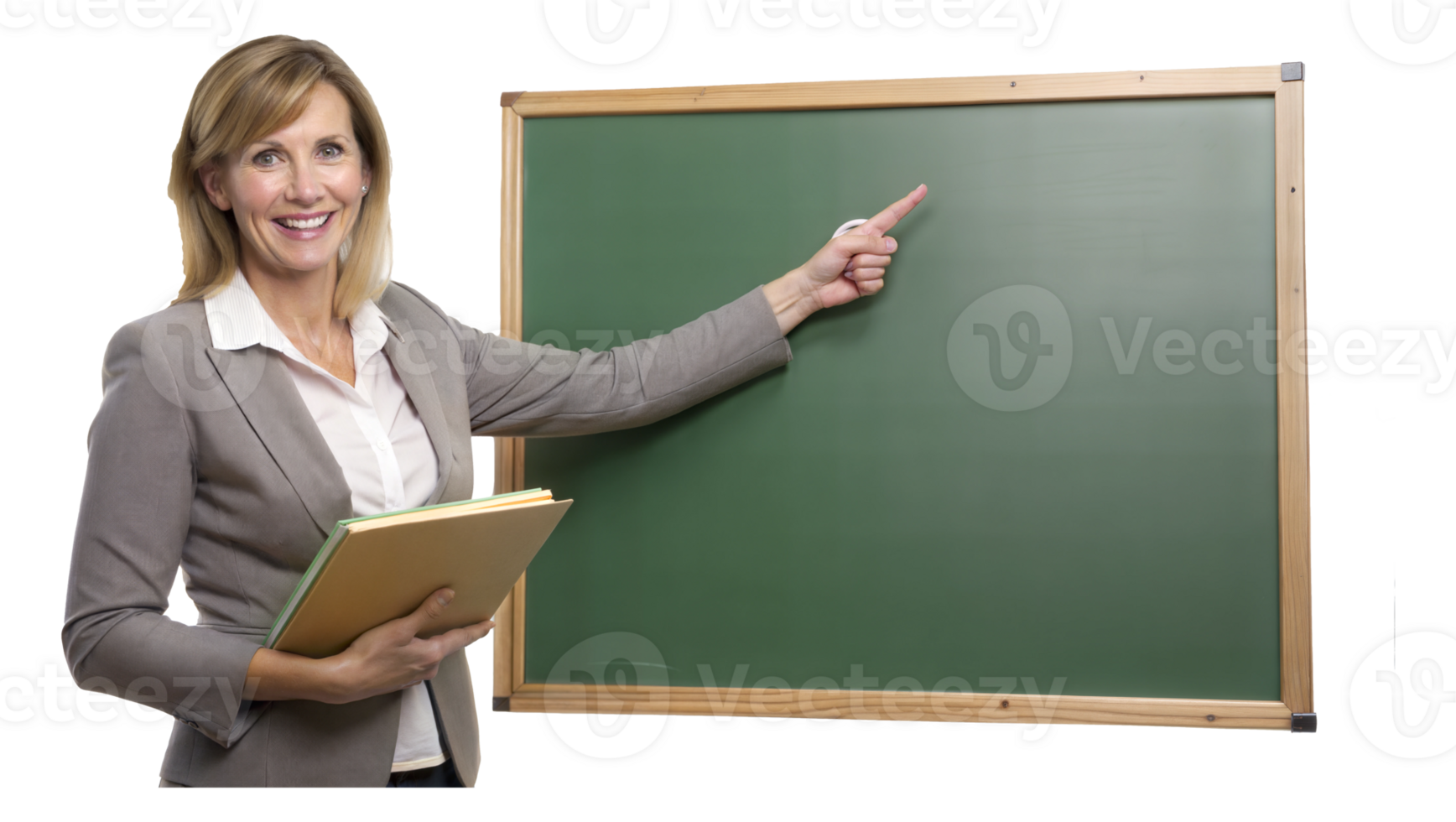 smiling teacher pointing at green chalkboard transparent png