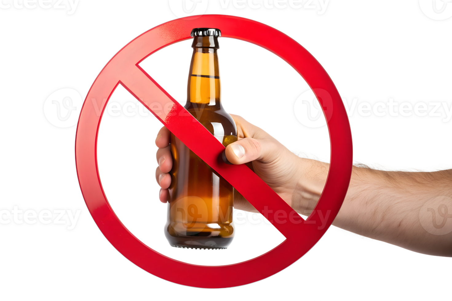 hand holding beer bottle in prohibition sign, cut out png