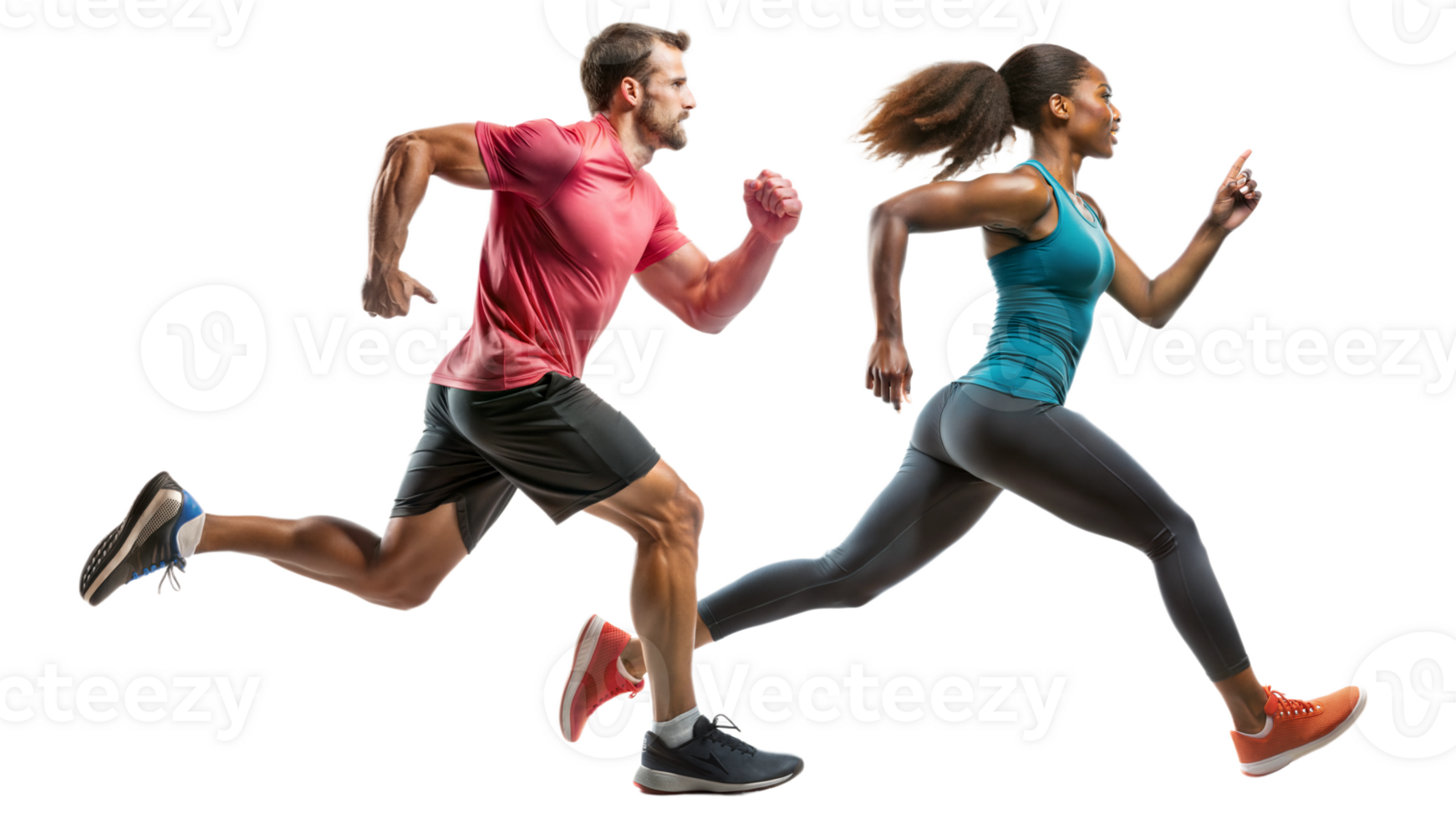 man and woman sprinting together isolated on transparent png