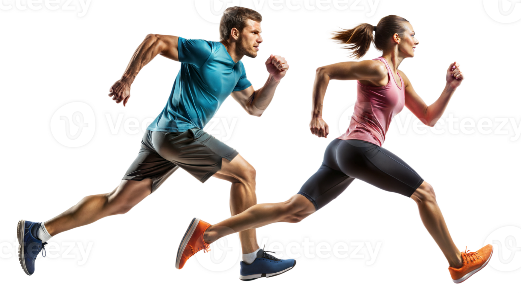 athletic man and woman running isolated on transparent png