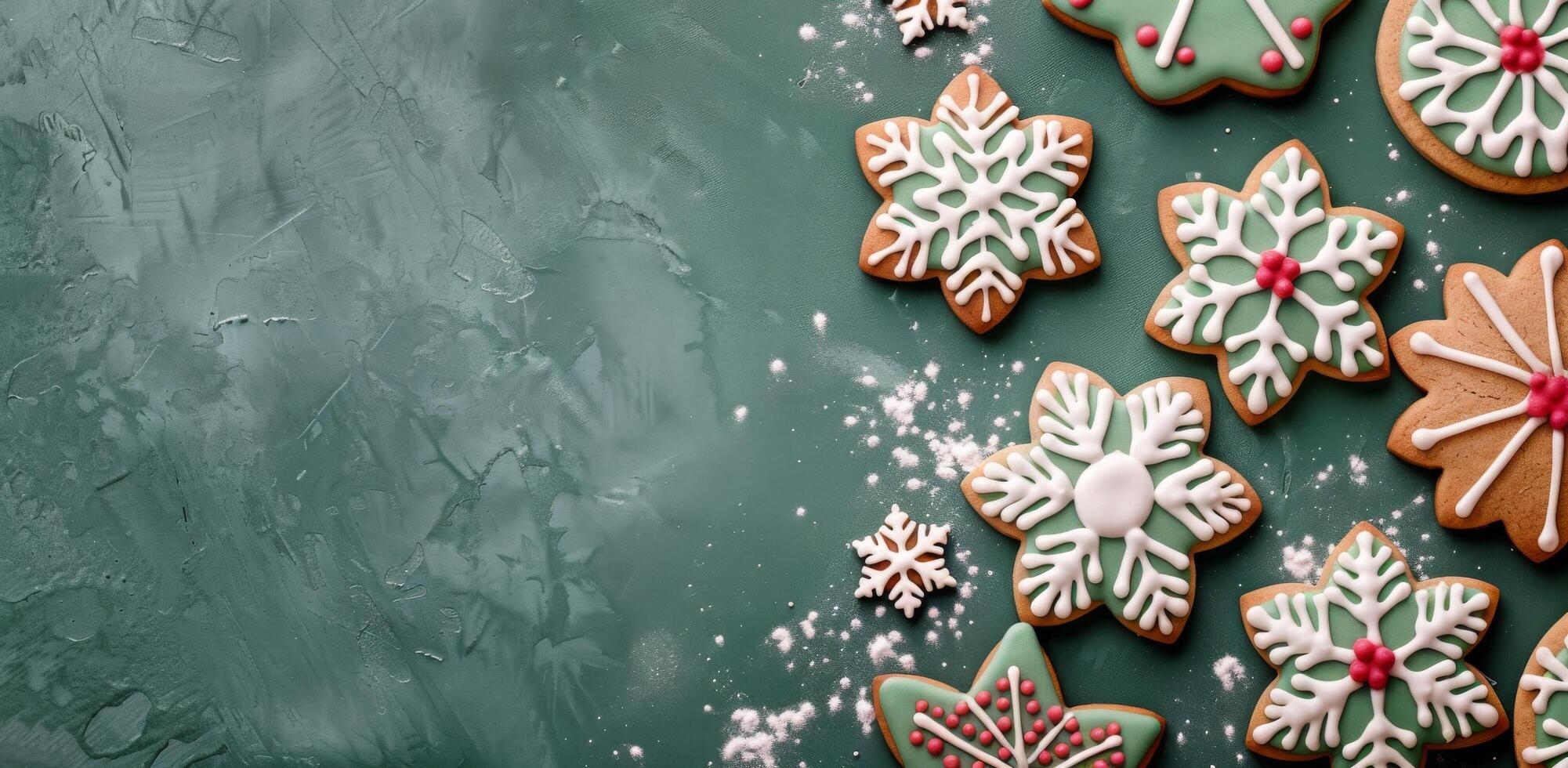Decorated Christmas Cookies on a Green Surface With Snowflake Designs photo