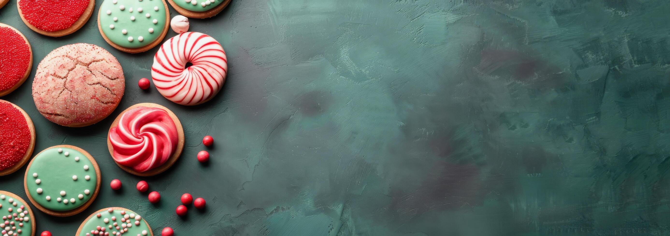 Festive Colorful Cookies With Powdered Sugar on a Textured Green Surface photo