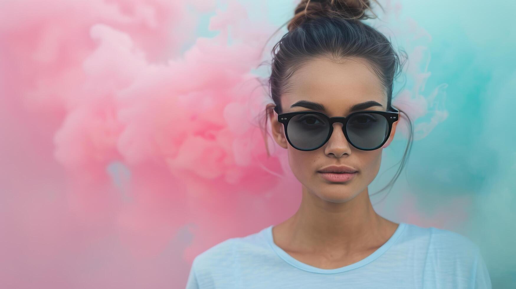 Woman Wearing Sunglasses Posing With Colorful Smoke at Outdoor Event photo