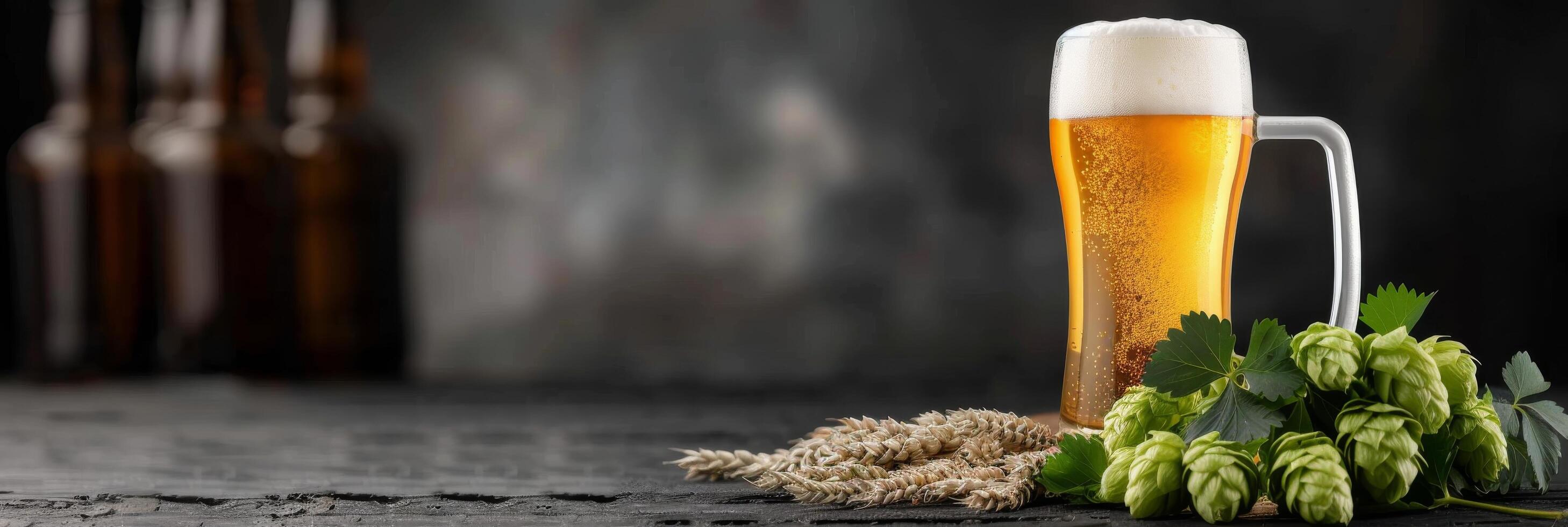 Refreshing Golden Beer in a Frosted Mug With Hops and Barley on Dark Background photo
