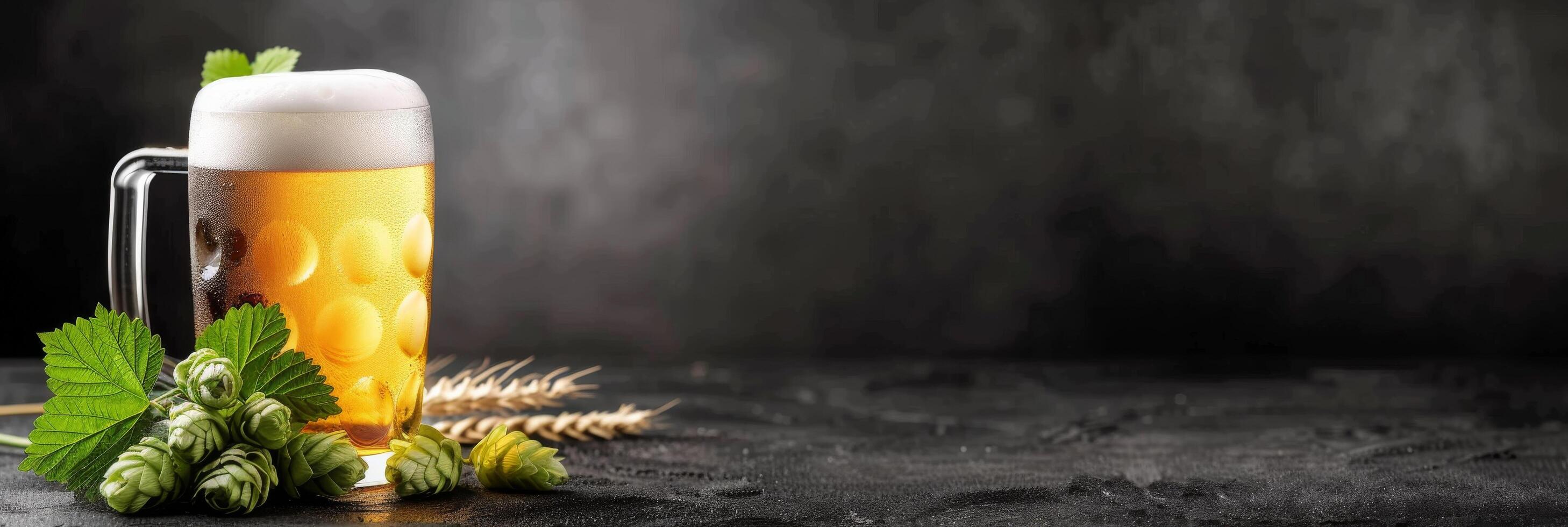 Refreshing Golden Beer in a Frosted Mug With Hops and Barley on Dark Background photo