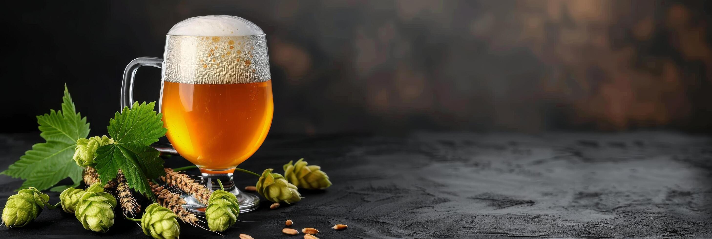 Refreshing Golden Beer in a Frosted Mug With Hops and Barley on Dark Background photo